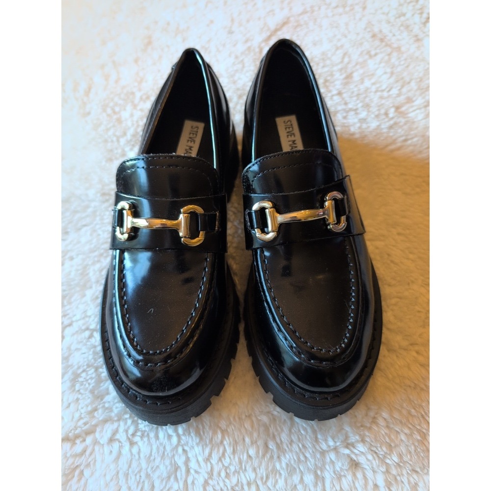 Steve Madden Lando Womens Shoes Sz 6 M Black Leather Tailored Lug Sole Loafer